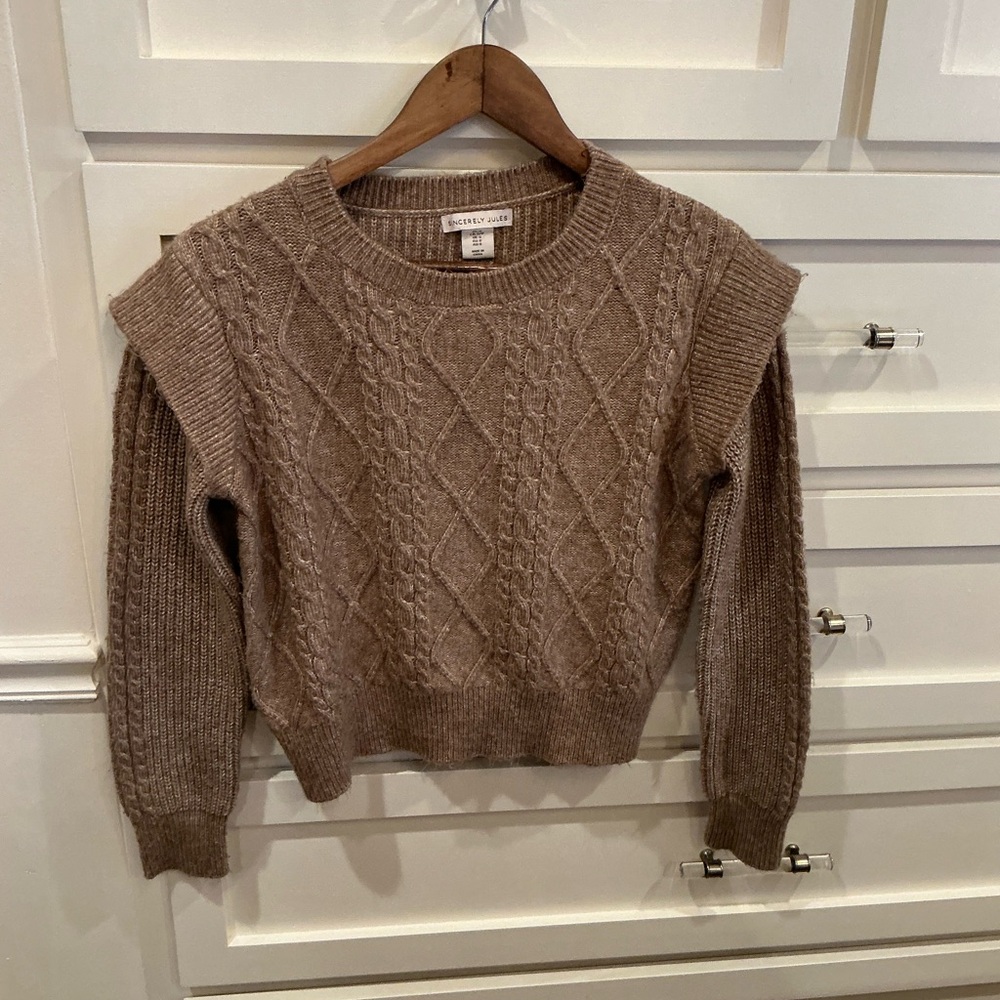 Sincerely Jules Tan Cable Knit Sweater with cute flare shoulder design - Picture 2 of 5